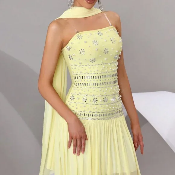 Yellow Chic Women's Strapless Rhinestone Maxi Dress - Picture 8 of 8